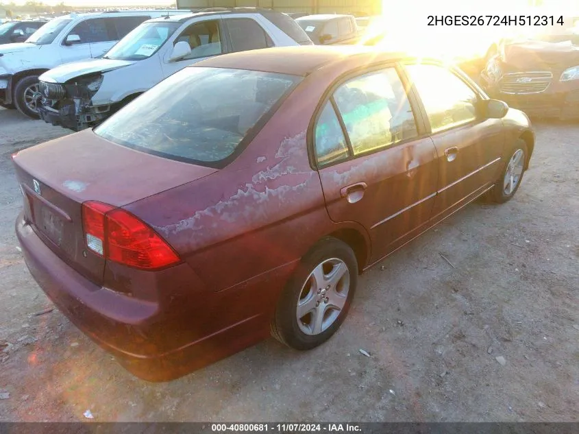 2004 Honda Civic Ex VIN: 2HGES26724H512314 Lot: 40800681