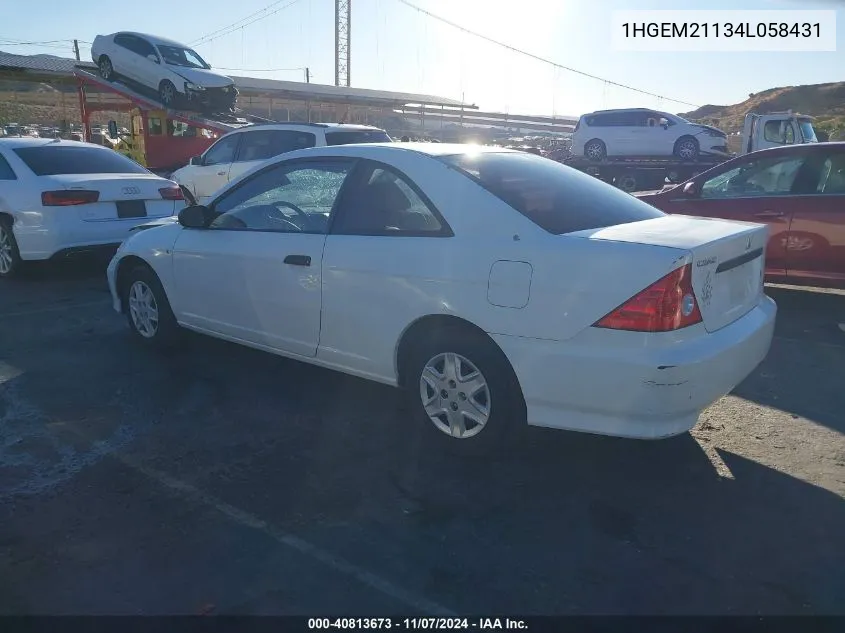 2004 Honda Civic Vp VIN: 1HGEM21134L058431 Lot: 40813673