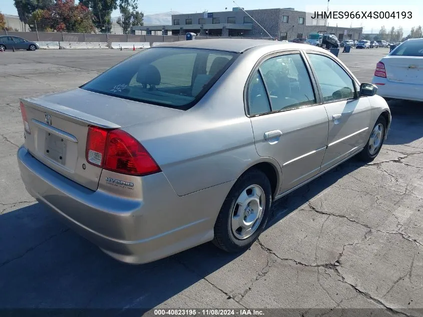 2004 Honda Civic Hybrid W/Ulev (Cvt) VIN: JHMES966X4S004193 Lot: 40823195