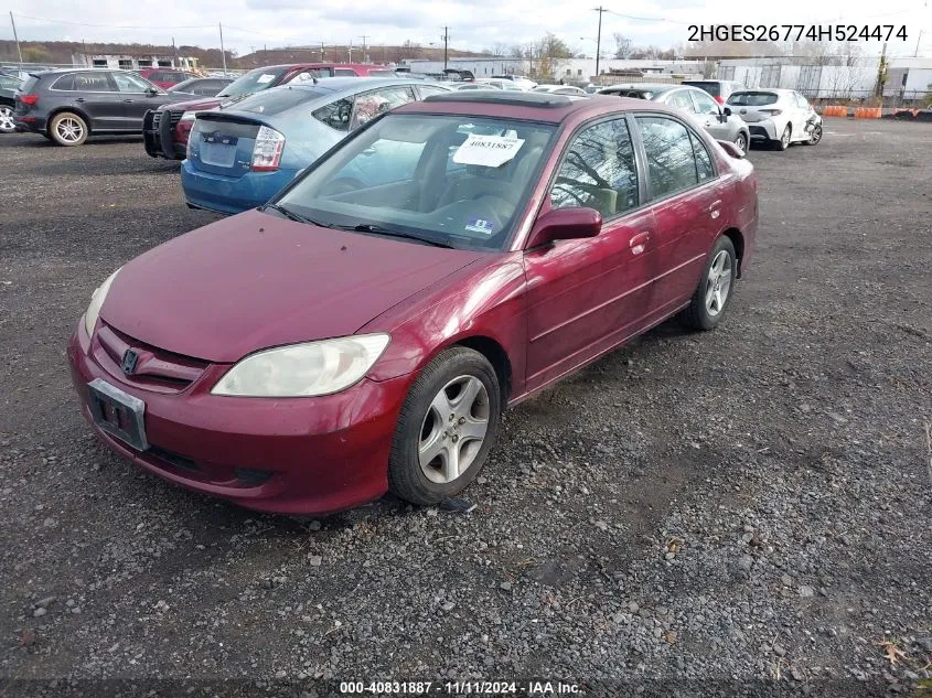 2004 Honda Civic Ex VIN: 2HGES26774H524474 Lot: 40831887