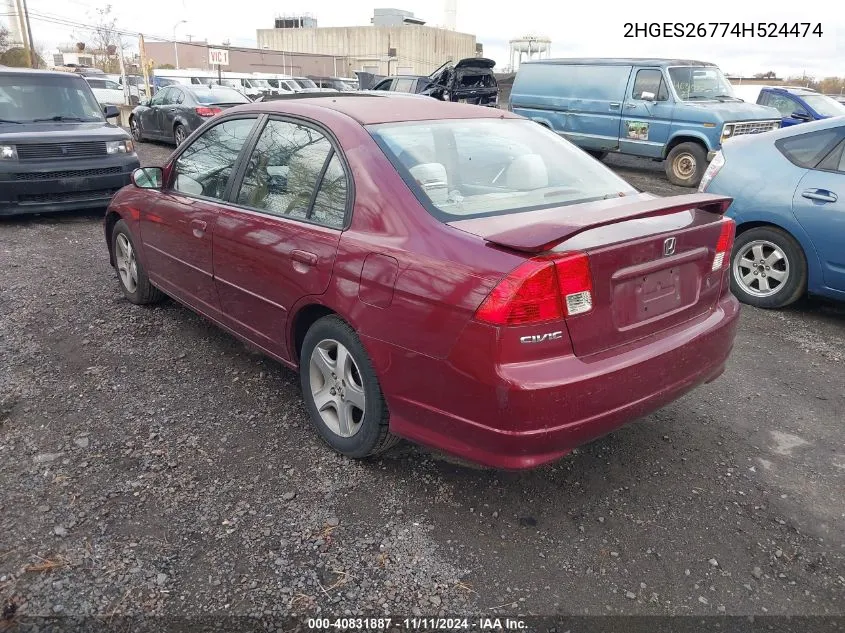 2004 Honda Civic Ex VIN: 2HGES26774H524474 Lot: 40831887