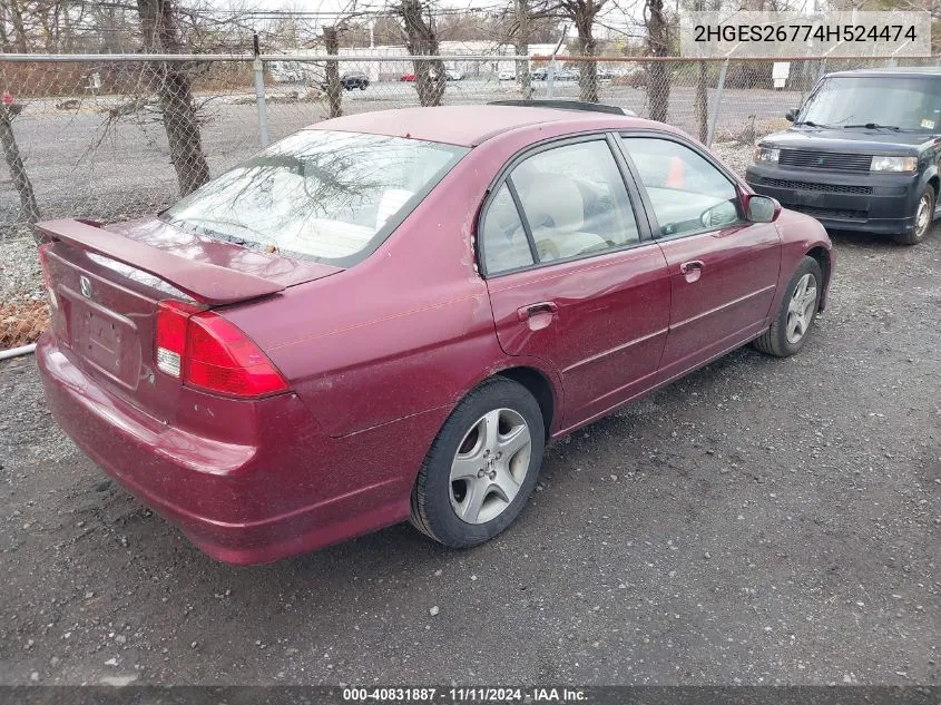 2004 Honda Civic Ex VIN: 2HGES26774H524474 Lot: 40831887