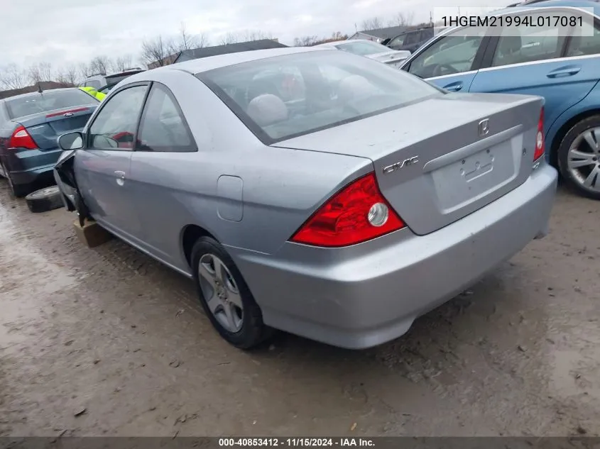 2004 Honda Civic Ex VIN: 1HGEM21994L017081 Lot: 40853412