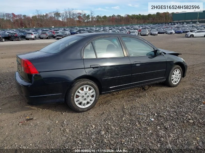 2004 Honda Civic Lx VIN: 2HGES16524H582596 Lot: 40860210