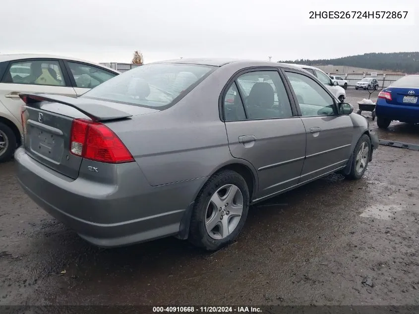 2004 Honda Civic Ex VIN: 2HGES26724H572867 Lot: 40910668