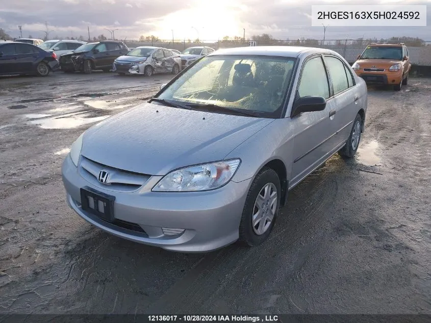 2005 Honda Civic Sdn VIN: 2HGES163X5H024592 Lot: 12136017