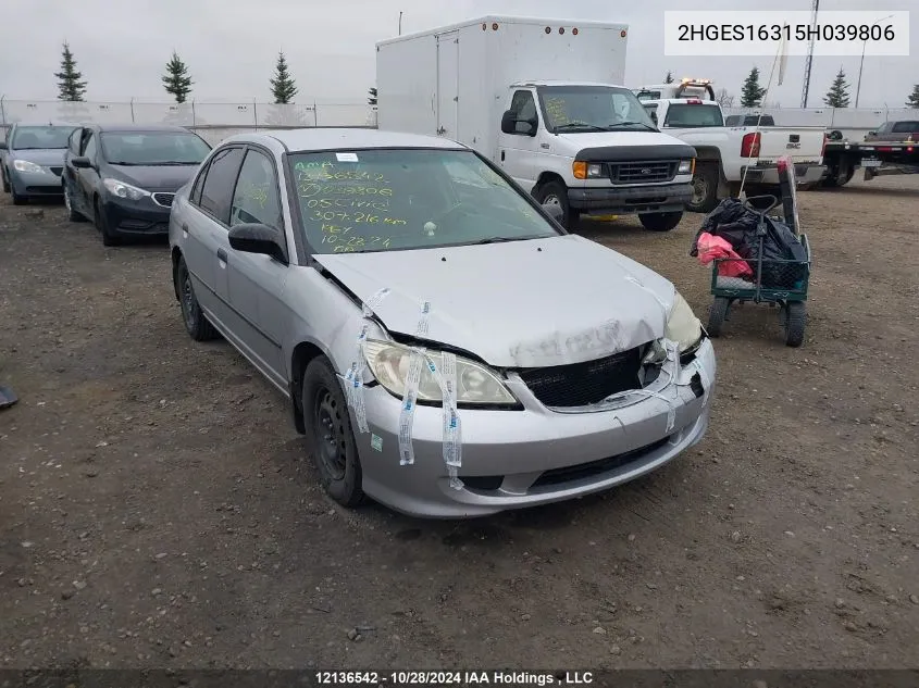 2005 Honda Civic Sdn VIN: 2HGES16315H039806 Lot: 12136542