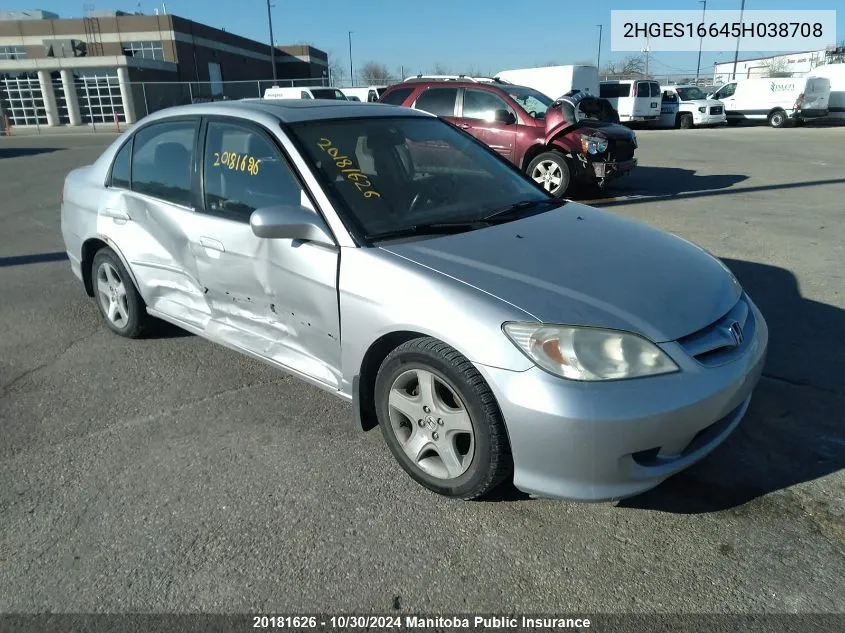 2005 Honda Civic Lx VIN: 2HGES16645H038708 Lot: 20181626