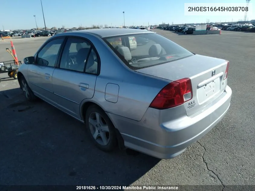 2005 Honda Civic Lx VIN: 2HGES16645H038708 Lot: 20181626