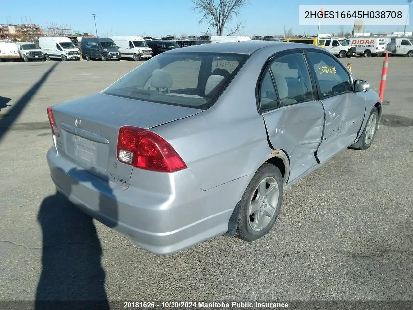 2005 Honda Civic Lx VIN: 2HGES16645H038708 Lot: 20181626