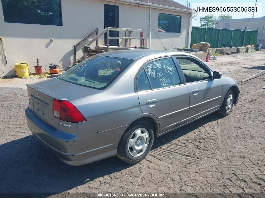 2005 Honda Civic Hybrid VIN: JHMES96655S006581 Lot: 36186269