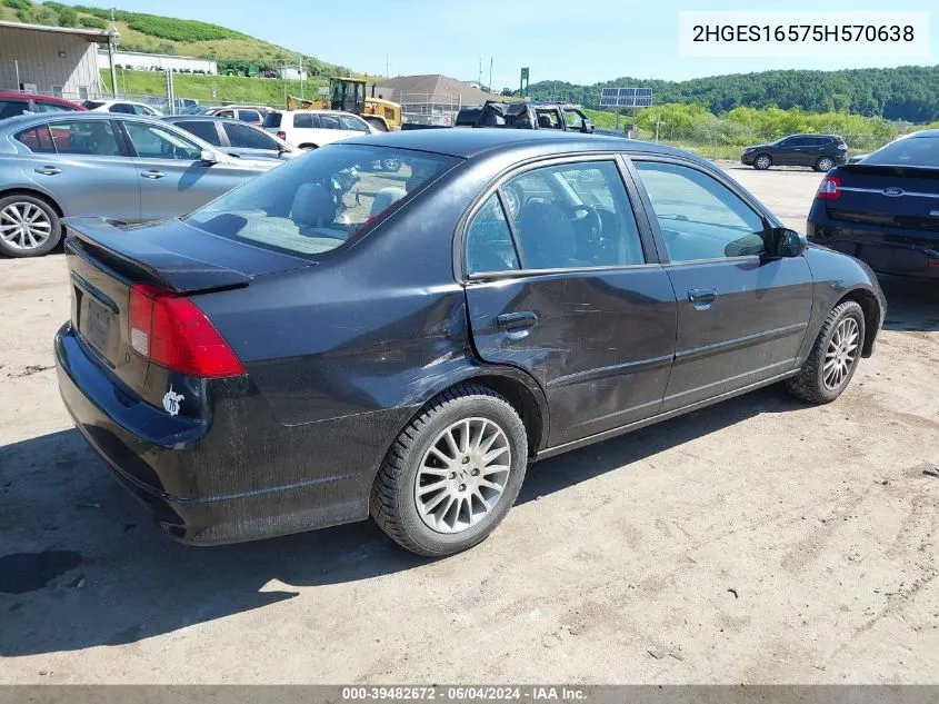 2005 Honda Civic Lx/Lx Se VIN: 2HGES16575H570638 Lot: 39482672