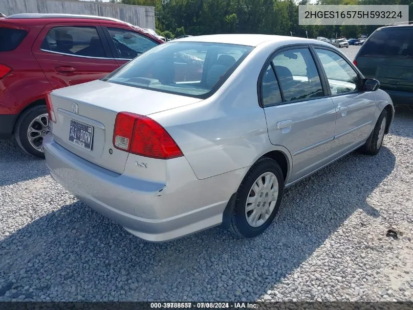 2005 Honda Civic Lx VIN: 2HGES16575H593224 Lot: 39788537