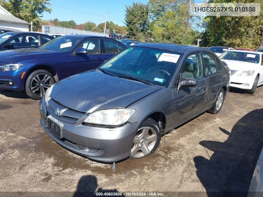 2005 Honda Civic Ex VIN: 1HGES257X5L010138 Lot: 40603605