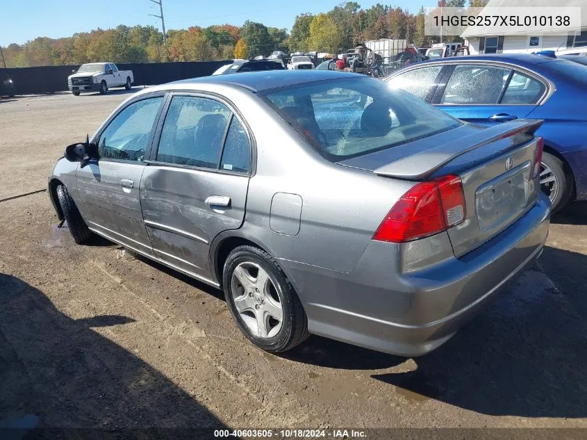 2005 Honda Civic Ex VIN: 1HGES257X5L010138 Lot: 40603605