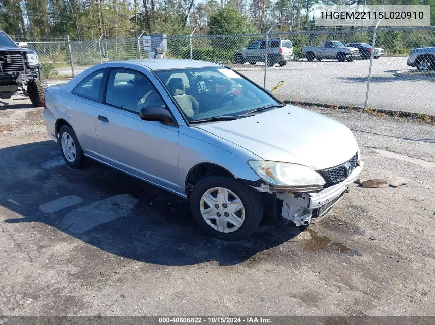 2005 Honda Civic Vp VIN: 1HGEM22115L020910 Lot: 40608822