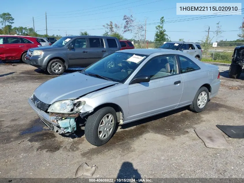 2005 Honda Civic Vp VIN: 1HGEM22115L020910 Lot: 40608822