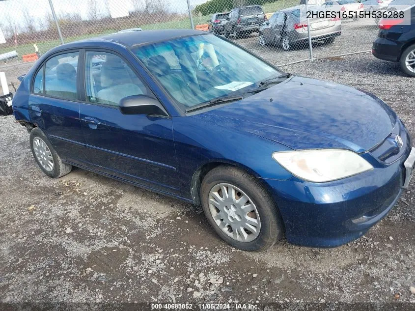 2005 Honda Civic Lx VIN: 2HGES16515H536288 Lot: 40683052