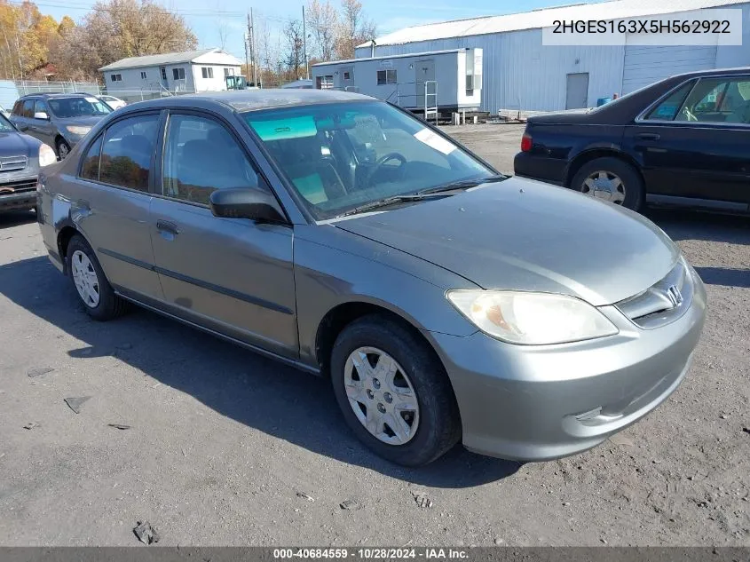 2005 Honda Civic Dx Vp VIN: 2HGES163X5H562922 Lot: 40684559