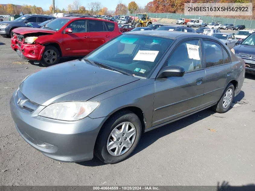 2005 Honda Civic Dx Vp VIN: 2HGES163X5H562922 Lot: 40684559