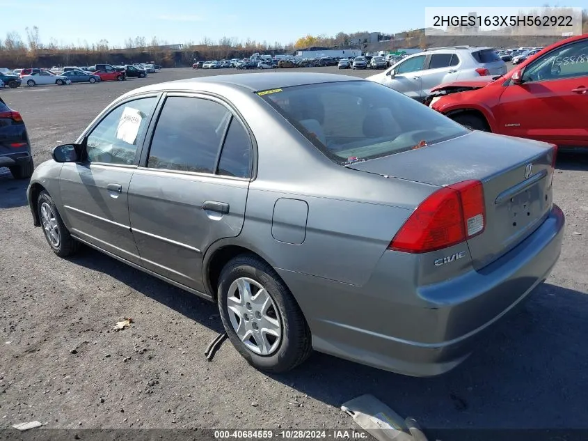 2005 Honda Civic Dx Vp VIN: 2HGES163X5H562922 Lot: 40684559