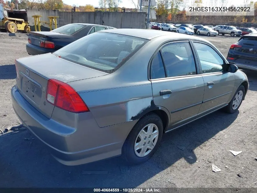 2005 Honda Civic Dx Vp VIN: 2HGES163X5H562922 Lot: 40684559