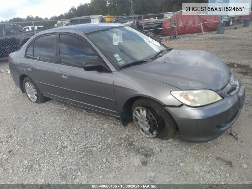 2005 Honda Civic Lx VIN: 2HGES166X5H524651 Lot: 40688436