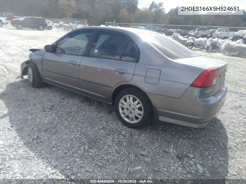 2005 Honda Civic Lx VIN: 2HGES166X5H524651 Lot: 40688436