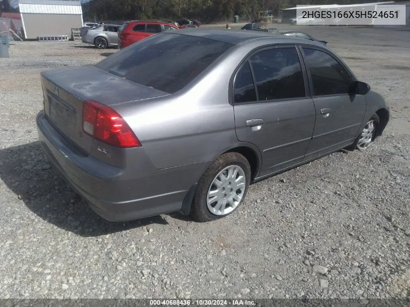 2005 Honda Civic Lx VIN: 2HGES166X5H524651 Lot: 40688436