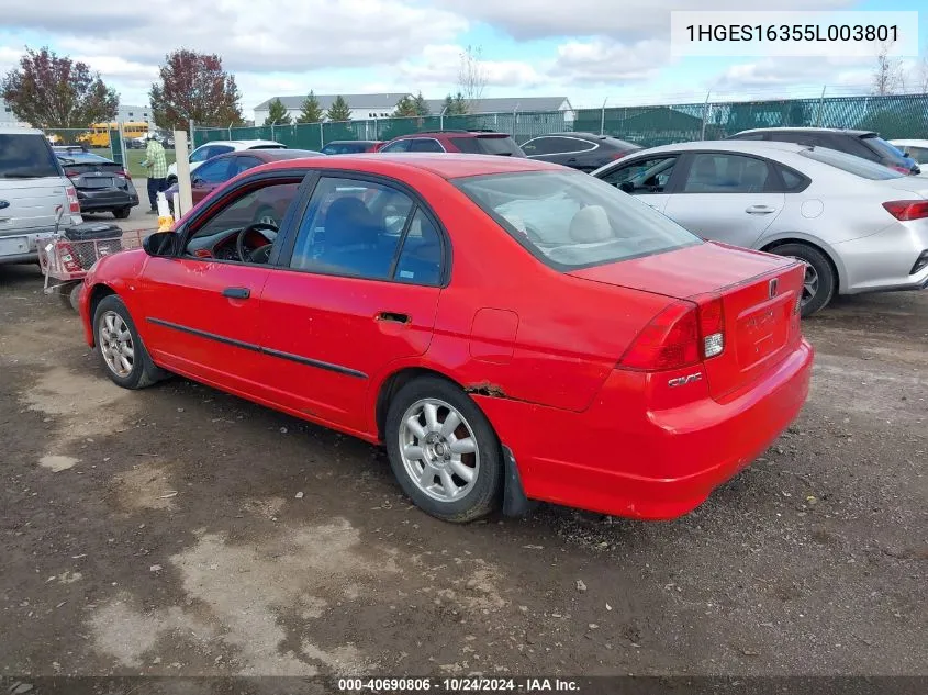 2005 Honda Civic Sdn Vp VIN: 1HGES16355L003801 Lot: 40690806