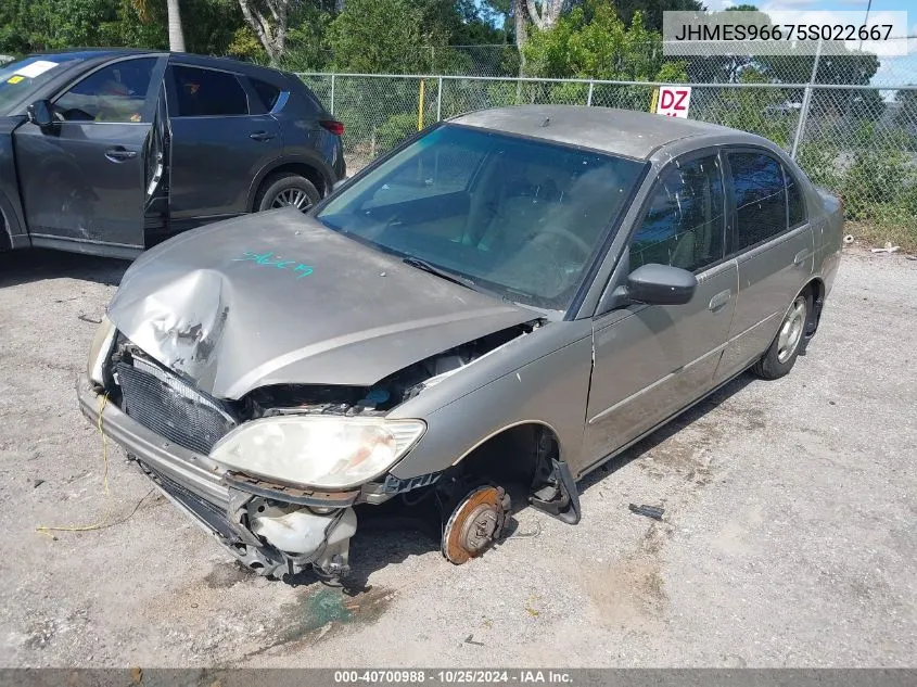 2005 Honda Civic Hybrid VIN: JHMES96675S022667 Lot: 40700988