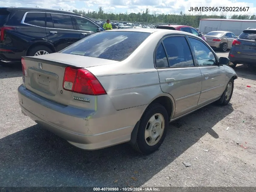 2005 Honda Civic Hybrid VIN: JHMES96675S022667 Lot: 40700988