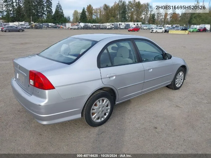 2005 Honda Civic Lx VIN: 2HGES16695H520526 Lot: 40716625