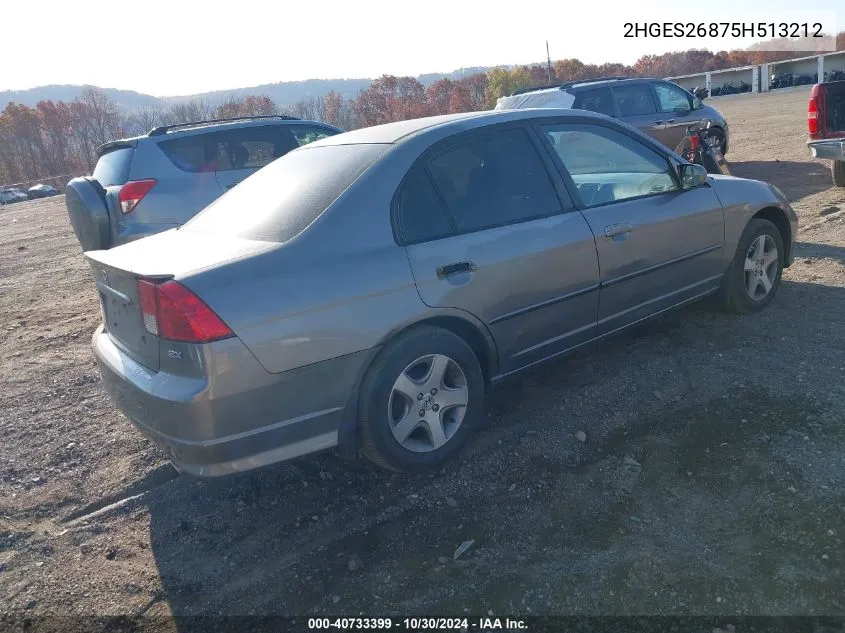 2005 Honda Civic Ex VIN: 2HGES26875H513212 Lot: 40733399