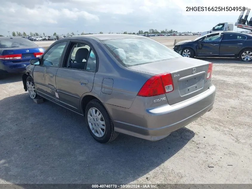 2005 Honda Civic Lx VIN: 2HGES16625H504958 Lot: 40740770