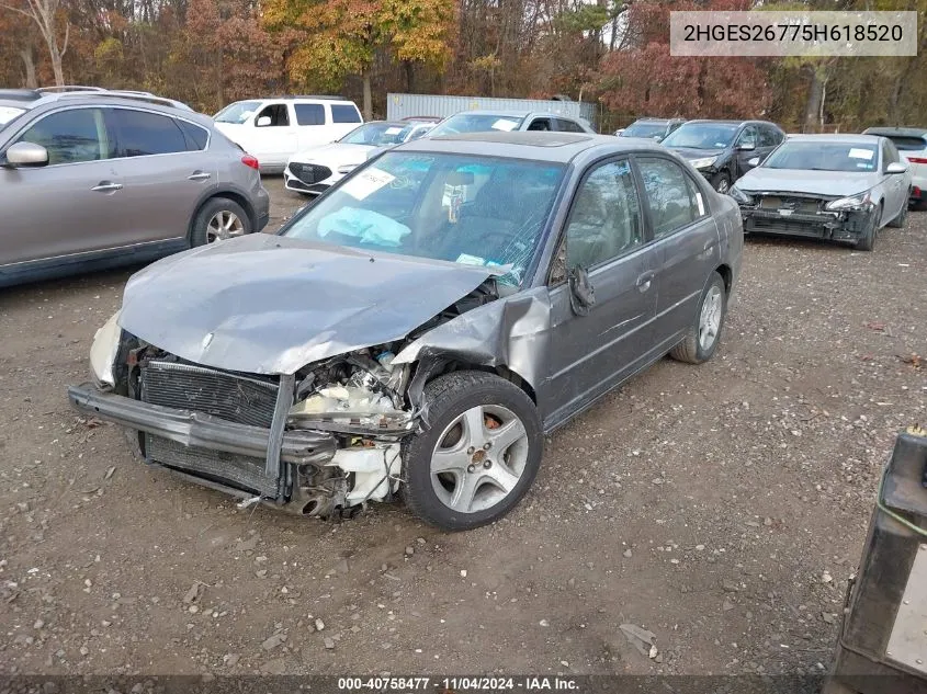 2005 Honda Civic Ex VIN: 2HGES26775H618520 Lot: 40758477