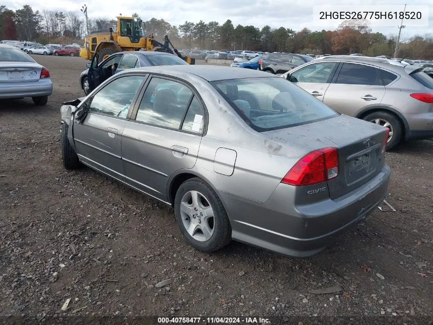 2005 Honda Civic Ex VIN: 2HGES26775H618520 Lot: 40758477