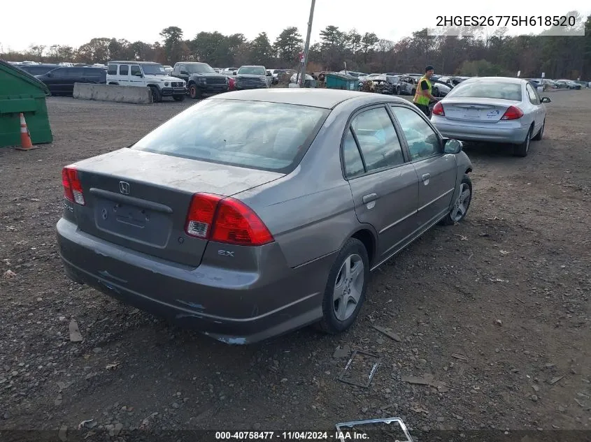 2005 Honda Civic Ex VIN: 2HGES26775H618520 Lot: 40758477