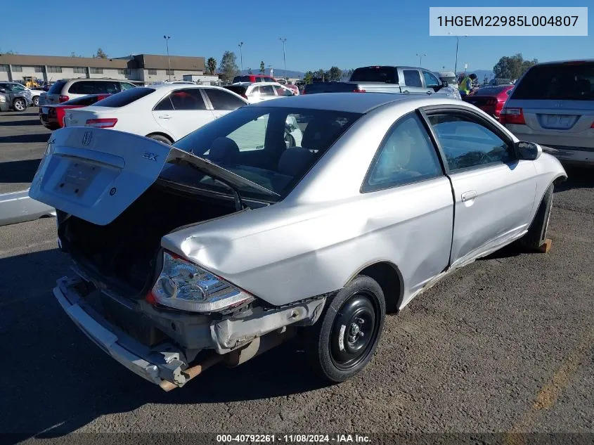 2005 Honda Civic Ex VIN: 1HGEM22985L004807 Lot: 40792261