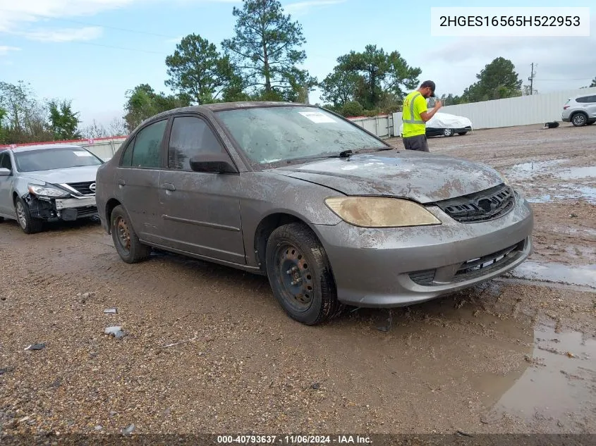 2005 Honda Civic Lx VIN: 2HGES16565H522953 Lot: 40793637