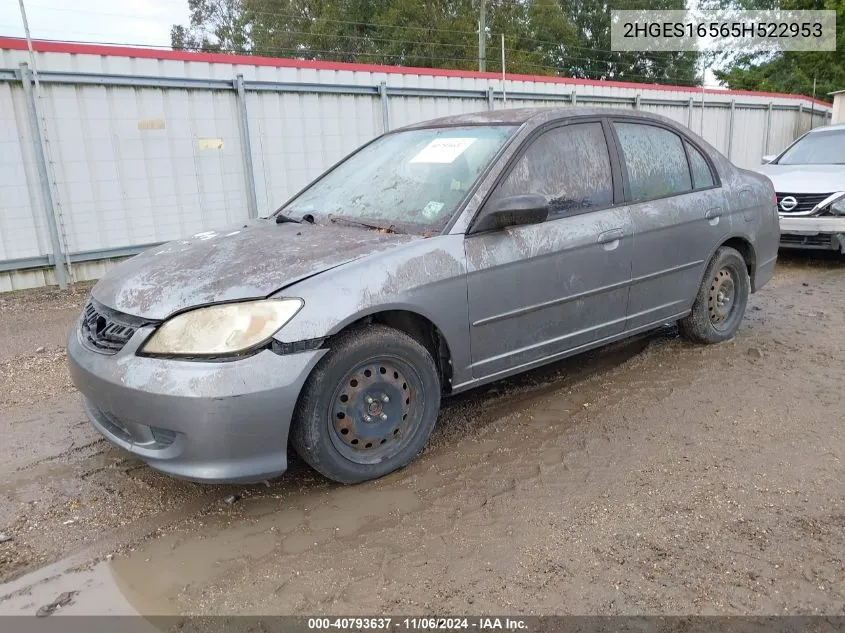 2005 Honda Civic Lx VIN: 2HGES16565H522953 Lot: 40793637