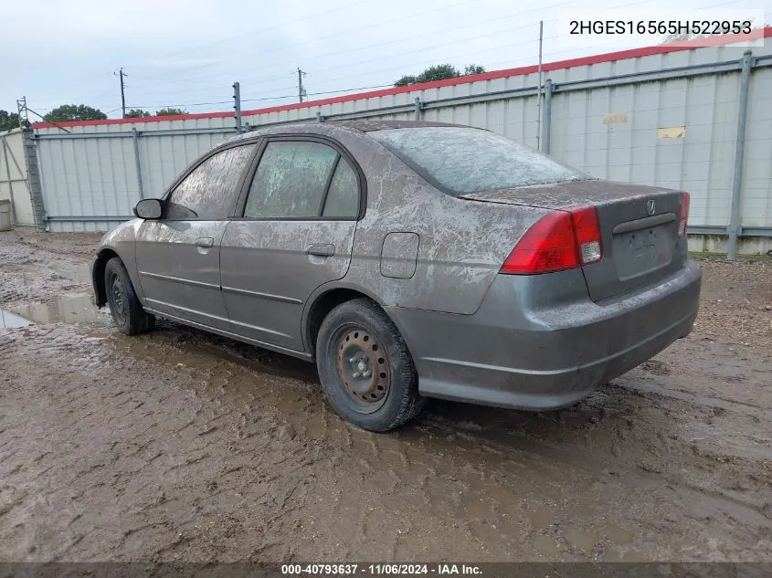 2005 Honda Civic Lx VIN: 2HGES16565H522953 Lot: 40793637