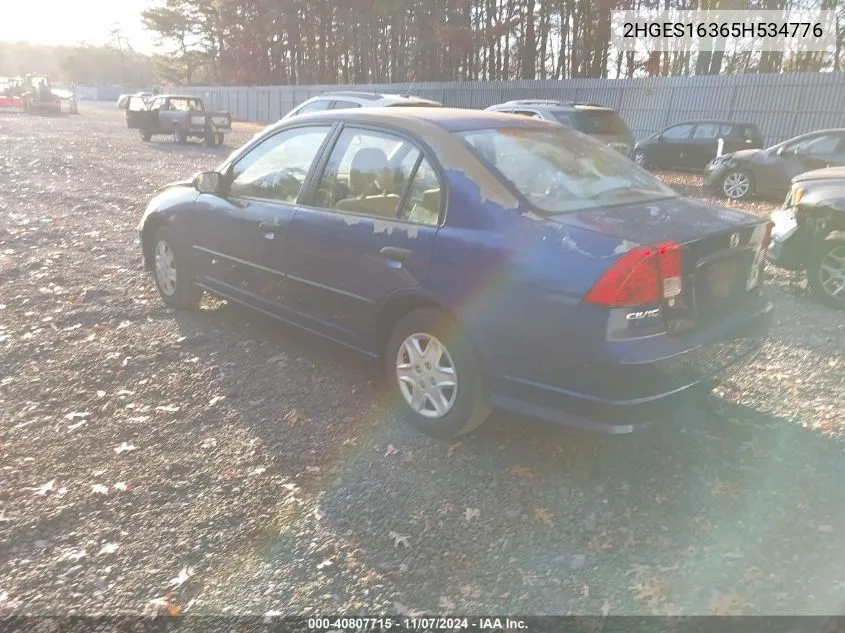 2005 Honda Civic Vp VIN: 2HGES16365H534776 Lot: 40807715