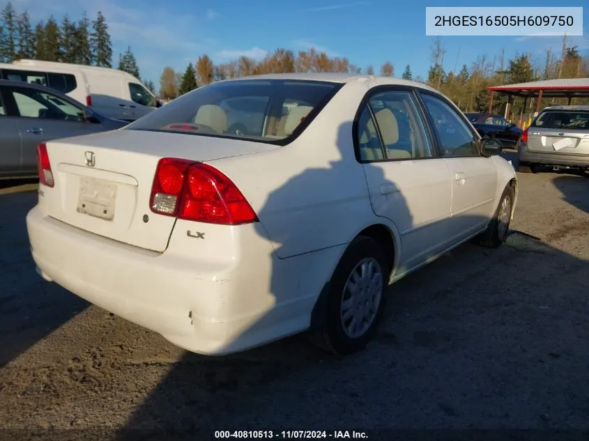 2005 Honda Civic Lx VIN: 2HGES16505H609750 Lot: 40810513