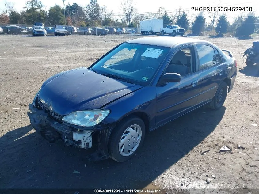 2005 Honda Civic Lx VIN: 2HGES16505H529400 Lot: 40811291