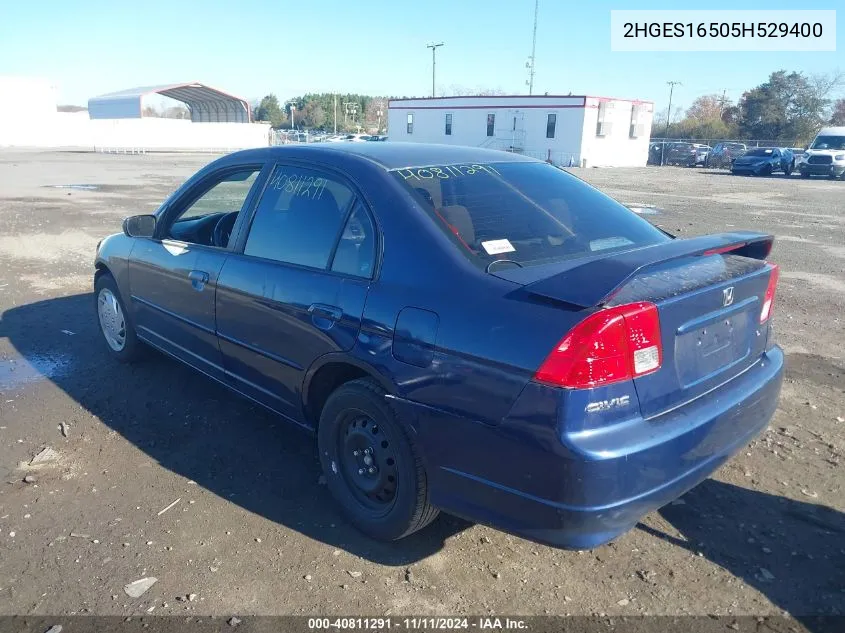 2005 Honda Civic Lx VIN: 2HGES16505H529400 Lot: 40811291