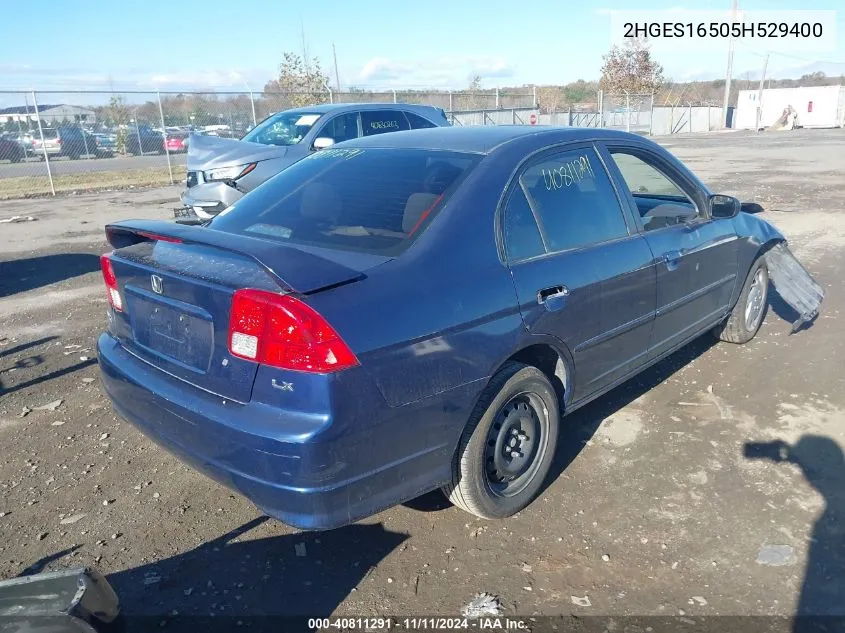 2005 Honda Civic Lx VIN: 2HGES16505H529400 Lot: 40811291