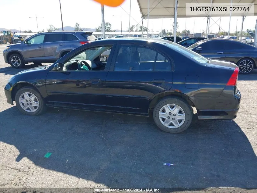 2005 Honda Civic Vp VIN: 1HGES163X5L022764 Lot: 40814412