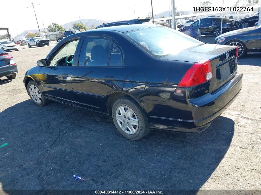 2005 Honda Civic Vp VIN: 1HGES163X5L022764 Lot: 40814412