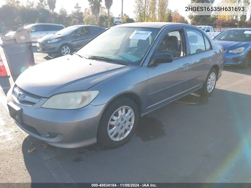 2005 Honda Civic Lx VIN: 2HGES16535H631693 Lot: 40834184